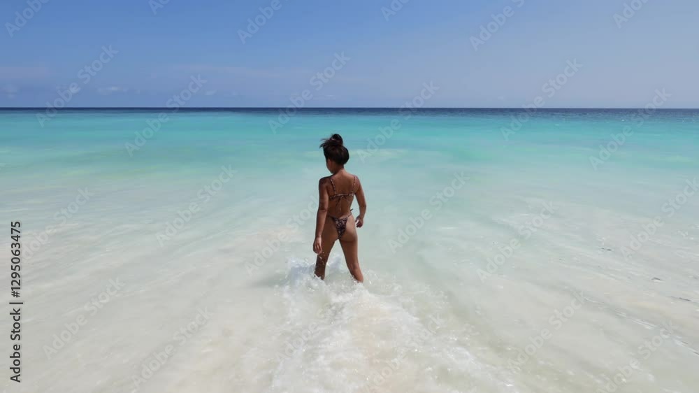 Young female in bikini walking into turquoise ocean with crashing waves on a secluded sand beach. Back view on a sunny tranquil day along a pristine coastline Young female in bikini walking into turquoise ocean with crashing waves on a secluded sand beach. Back view on a sunny tranquil day along a pristine coastline
