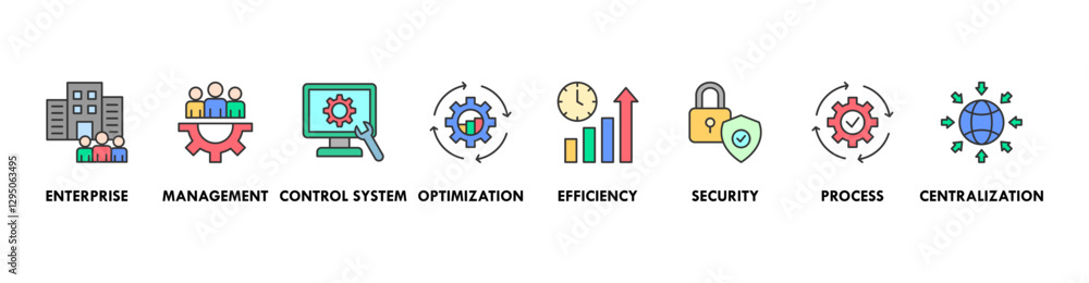 Industrial control system banner web icon vector illustration concept with icon of enterprise, management, control system, optimization, efficiency, security, process, centralization Industrial control system banner web icon vector illustration concept with icon of enterprise, management, control system, optimization, efficiency, security, process, centralization