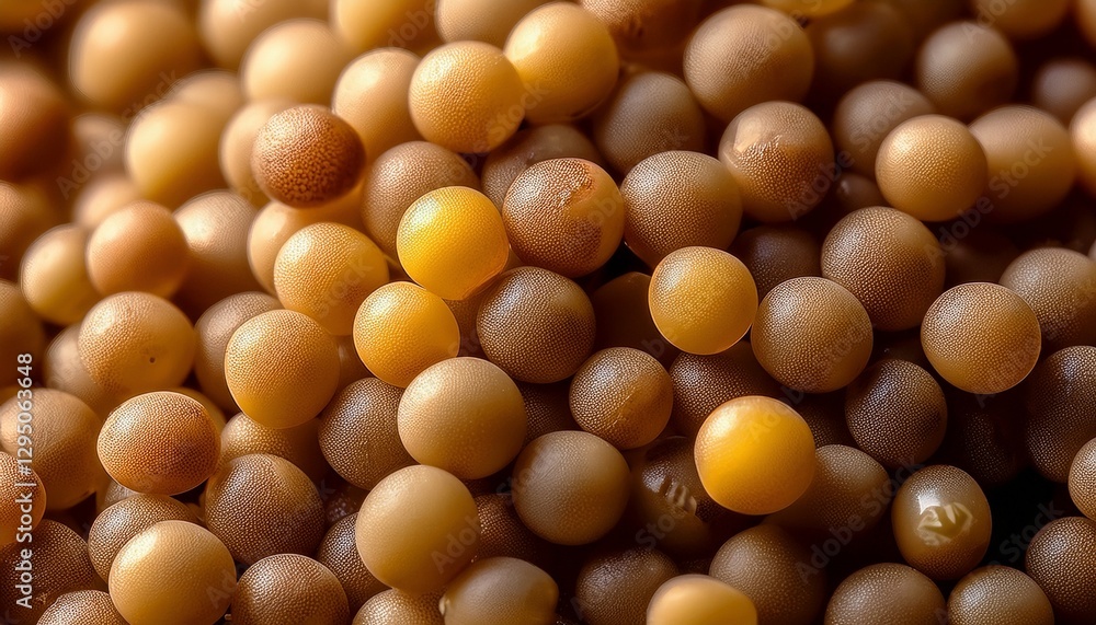 Macro shot of tiny mustard seeds, showcasing their smooth round surfaces reflecting light, highlighting the intricate texture and vibrant color Macro shot of tiny mustard seeds, showcasing their smooth round surfaces reflecting light, highlighting the intricate texture and vibrant color
