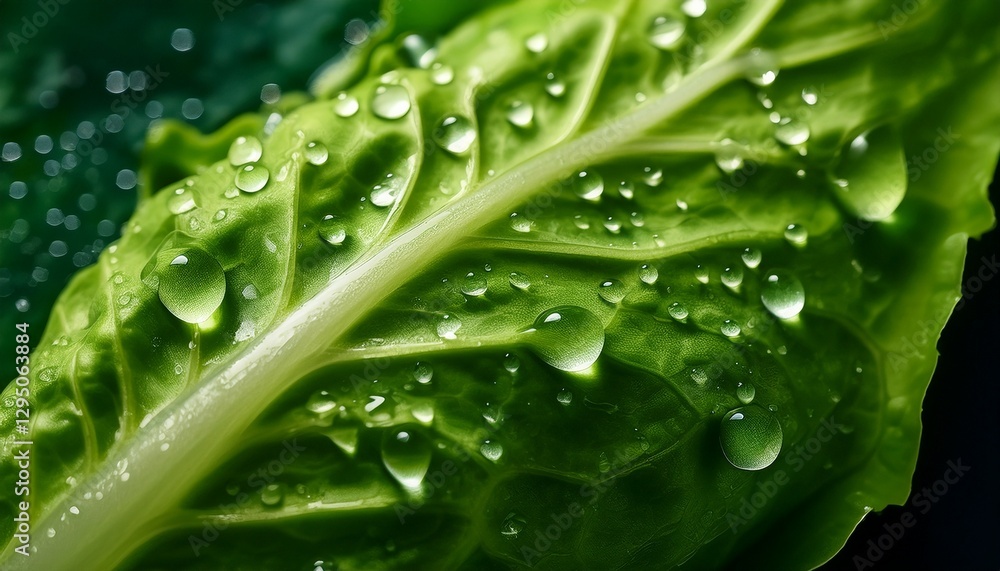 Ultra macro of a romaine lettuce leaf, showcasing crisp details and natural water droplets, highlighting the fresh texture and vibrant green color. Ultra macro of a romaine lettuce leaf, showcasing crisp details and natural water droplets, highlighting the fresh texture and vibrant green color.