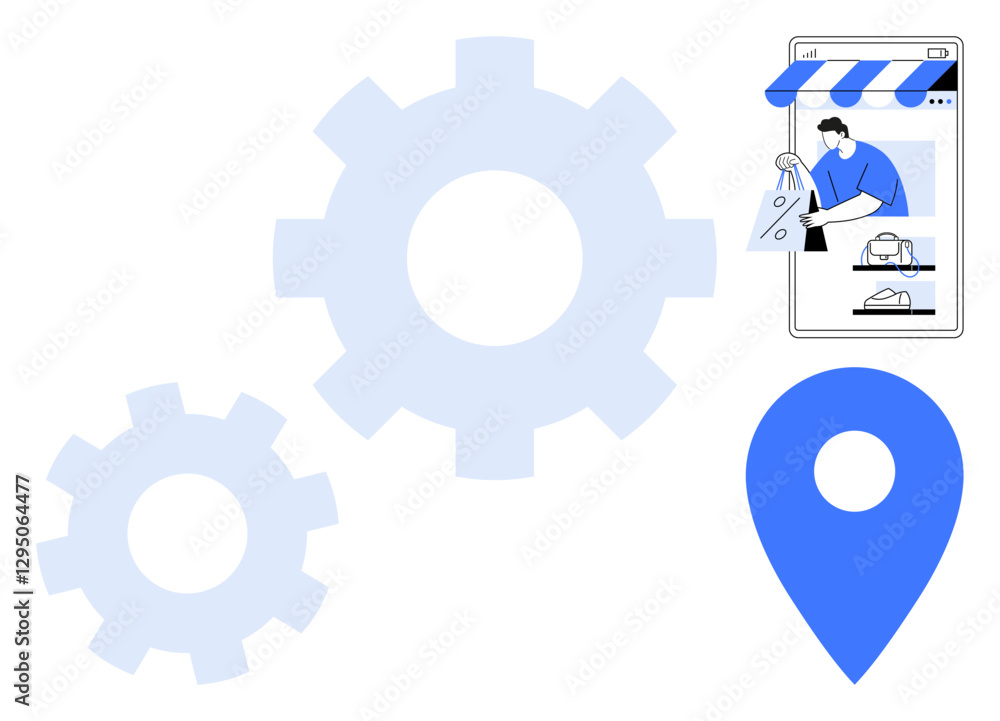 Gear settings of varying sizes, a pin location marker, and a mobile shopping interface with a person holding a shopping bag. Ideal for online shopping, e-commerce, digital marketing, location Gear settings of varying sizes, a pin location marker, and a mobile shopping interface with a person holding a shopping bag. Ideal for online shopping, e-commerce, digital marketing, location