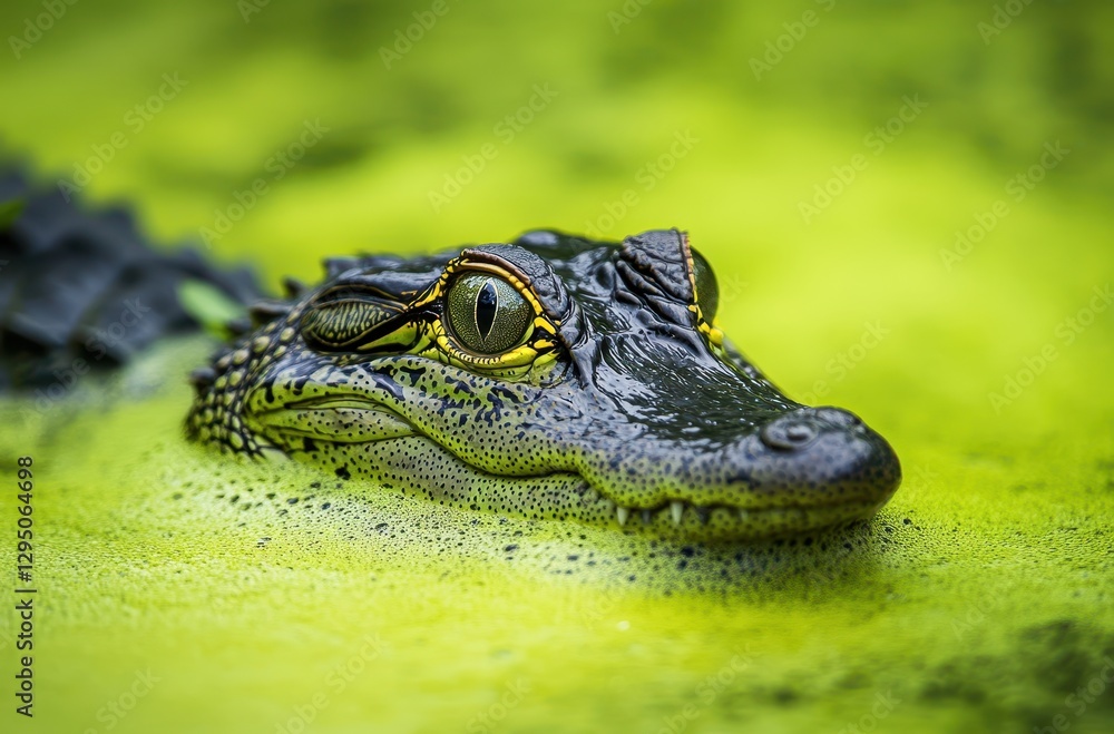 Fototapeta premium Close-Up of Alligator Head Emerging from Green Water in Wild Habitat, Captivating Eyes and Textured Skin, Nature Wildlife Photography