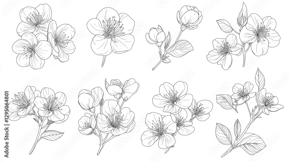 Fototapeta premium 桜の花スケッチ｜シンプルな線画の桜の花と枝のイラスト