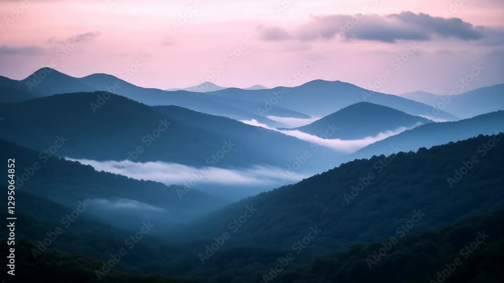 Foggy beautiful white clouds rolling along the forests of mountains landscape and beautiful sunrise background Foggy beautiful white clouds rolling along the forests of mountains landscape and beautiful sunrise background