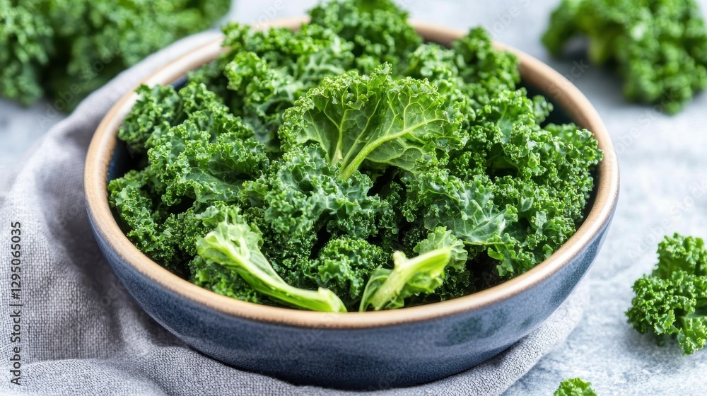 Fresh, Vibrant Kale Leaves in a Bowl on a Light Gray Surface with Greenery Surrounding Fresh, Vibrant Kale Leaves in a Bowl on a Light Gray Surface with Greenery Surrounding