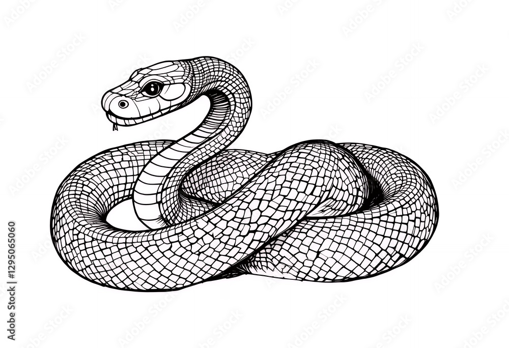 Fototapeta premium Detailed Snake Illustration Coiled on White Background Graphic Design Element
