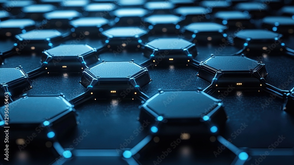 Fototapeta premium Abstract hexagonal technological grid; glowing connections; dark background; design element