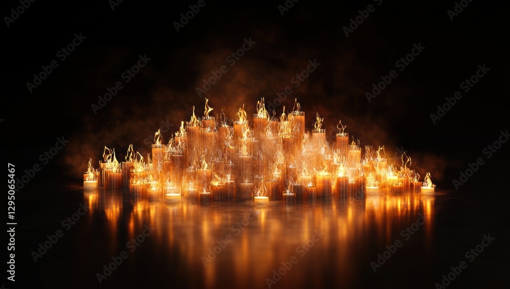Fototapeta premium Many burning candles in smoky darkness reflecting on a surface.