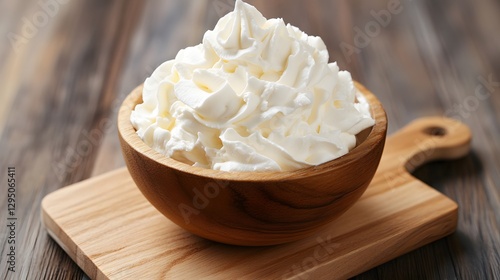 Delicious Whipped Cream in Wooden Bowl on Board