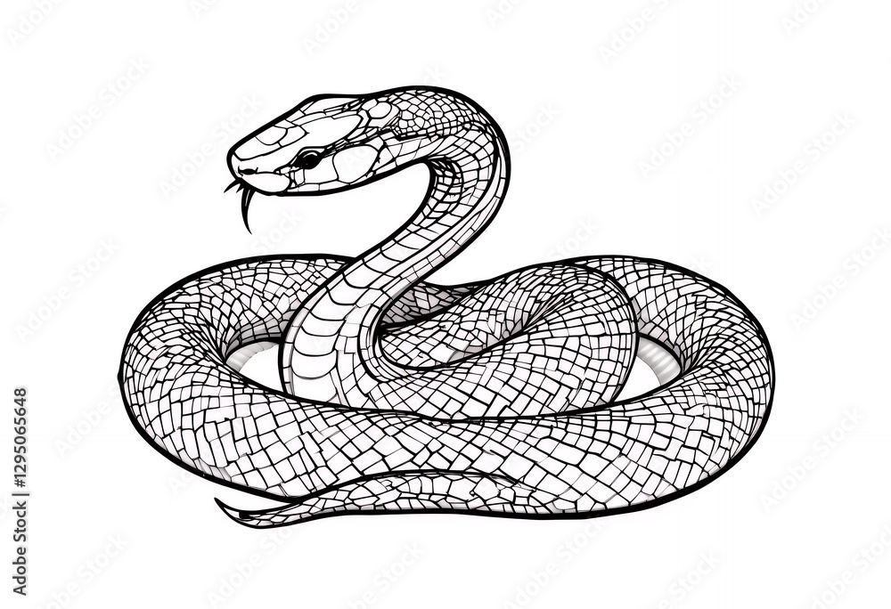 Fototapeta premium Coiled Snake Illustration with Tongue Darting Out in Black and White