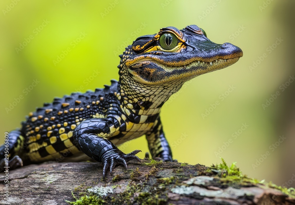 Obraz premium Close-Up Portrait of a Colorful Lizard with Intricate Patterns and Vivid Eyes Against a Soft Green Background in a Natural Habitat