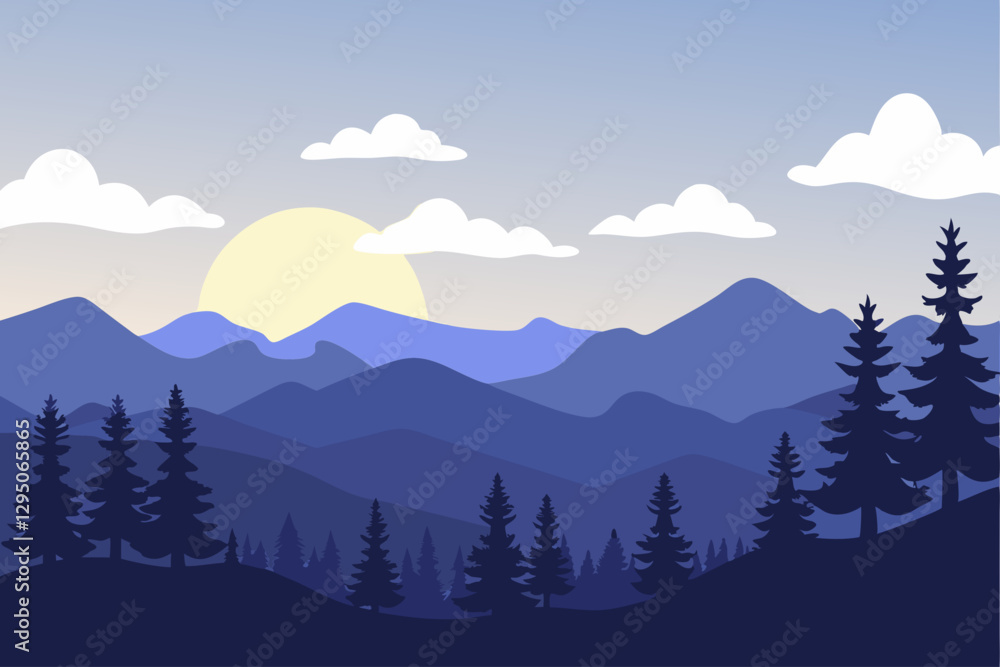 Obraz premium A breathtaking mountain landscape at sunset, featuring towering peaks, pine trees, and a serene sky