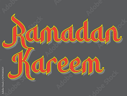 A vibrant graphic featuring the phrase "Ramadan Kareem" in stylized vibrant lettering against a gray background, celebrating the festive occasion of Ramadan.