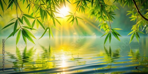 Serene Sunrise Reflection Tranquil Water Surface with Overhanging Lush Green Foliage Illuminates Golden Hour Serenity