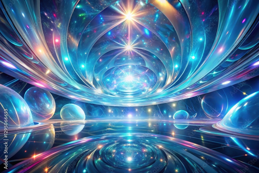 Fototapeta premium A Futuristic, Luminous, and Reflective Inner Space with Orb-Like Structures and Glowing Celestial Elements