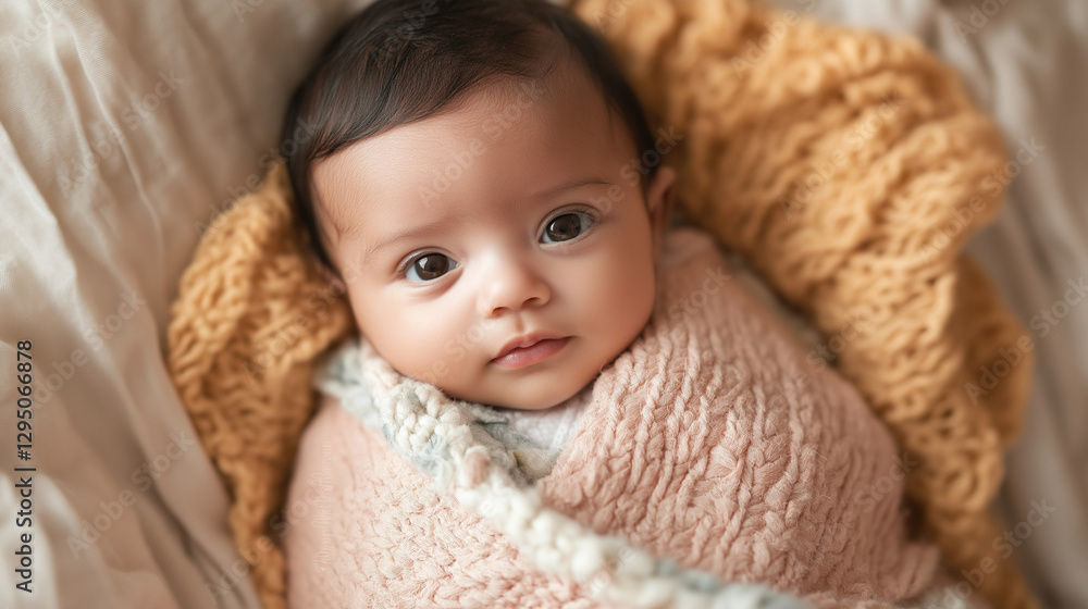 Close-up portrait of a Hispanic baby girl, wrapped in a cozy blanket, lying on a soft bed, copy space Close-up portrait of a Hispanic baby girl, wrapped in a cozy blanket, lying on a soft bed, copy space