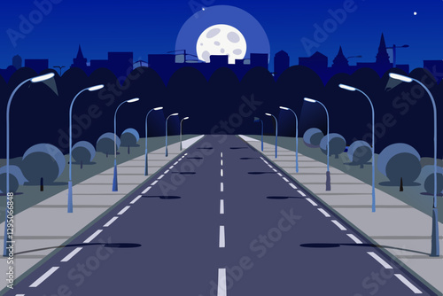 A night time city street with glowing streetlights, a clear sky, and a full moon shining brightly over a peaceful urban landscape