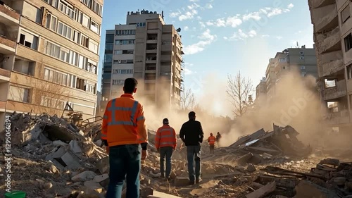 Rescue workers amidst earthquake rubble, city buildings, dust cloud