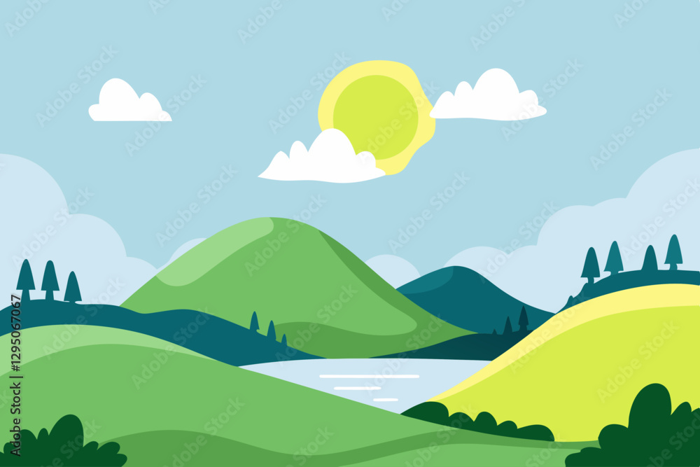 A serene and sunny landscape depicting rolling green hills, a calm river, and clear skies with a bright sun overhead, perfect for a peaceful outdoor getaway A serene and sunny landscape depicting rolling green hills, a calm river, and clear skies with a bright sun overhead, perfect for a peaceful outdoor getaway