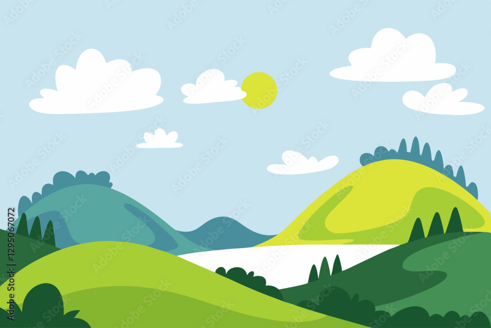 A serene and sunny landscape depicting rolling green hills, a calm river, and clear skies with a bright sun overhead, perfect for a peaceful outdoor getaway A serene and sunny landscape depicting rolling green hills, a calm river, and clear skies with a bright sun overhead, perfect for a peaceful outdoor getaway
