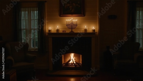 A cozy living room with a menorah glowing on the mantle, surrounded by candles, and a warm fire burning in the fireplace, creating a peaceful, inviting atmosphere. Generative, AI,
