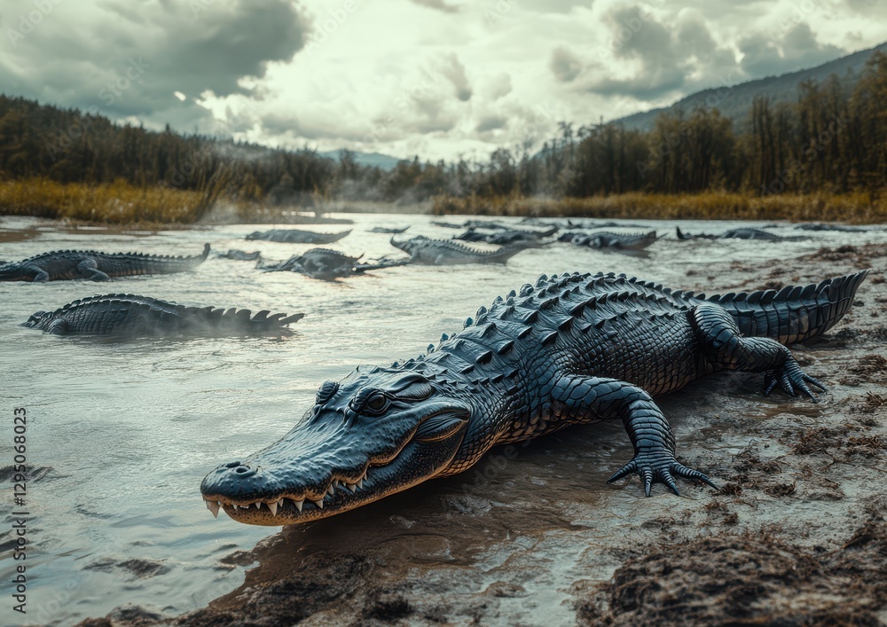 Giant reptile resting on riverbank surrounded by several crocodiles under dramatic skies with clouds and lush green landscape in the background Giant reptile resting on riverbank surrounded by several crocodiles under dramatic skies with clouds and lush green landscape in the background