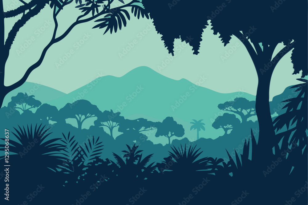 Fototapeta premium Serene jungle landscape featuring lush greenery, vibrant plants, and distant mountains, evoking a peaceful natural environment