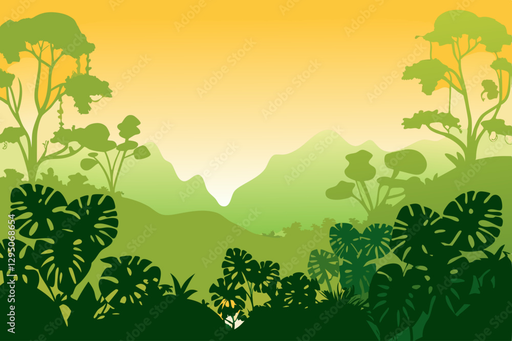 Obraz premium Vibrant jungle and mountainous backdrop with layered green foliage, evoking the tranquility of the untouched wilderness