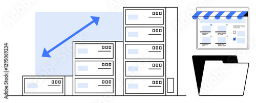 File cabinets showcasing physical storage, a digital screen representing online platforms, and an upward arrow illustrating growth and efficiency in data management. Ideal for business growth