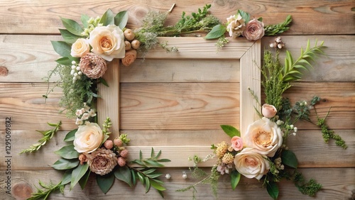 Rustic Wooden Frame Adorned with Delicate Peach Roses and Lush Greenery, Ideal for Wedding Invitations or Romantic Announcements