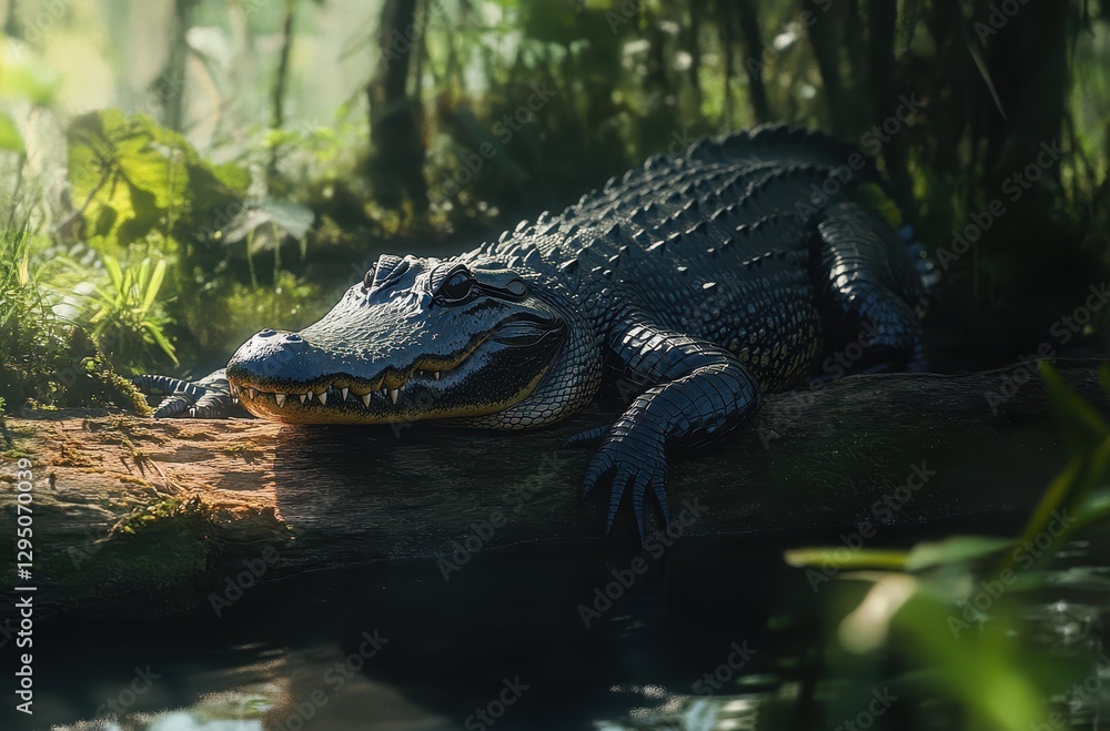 Fototapeta premium Lurking Alligator Relaxing on a Fallen Log Surrounded by Lush Greenery and Reflective Water in a Serene Wetland Environment