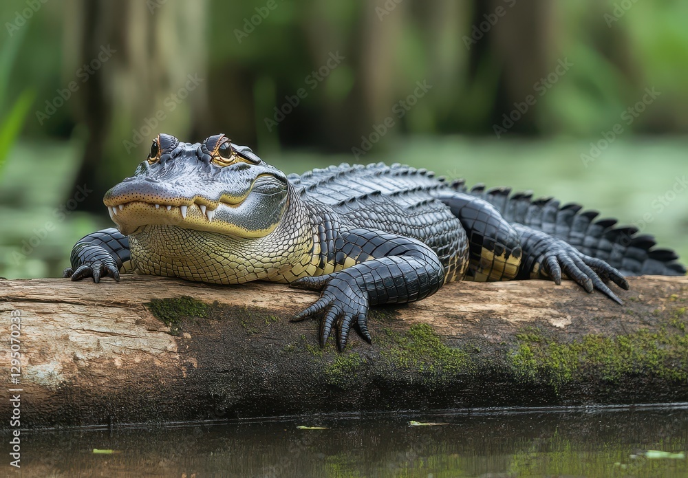 Obraz premium Lying Alligator on Log in Swampy Environment Surrounded by Greenery and Water on a Sunny Day