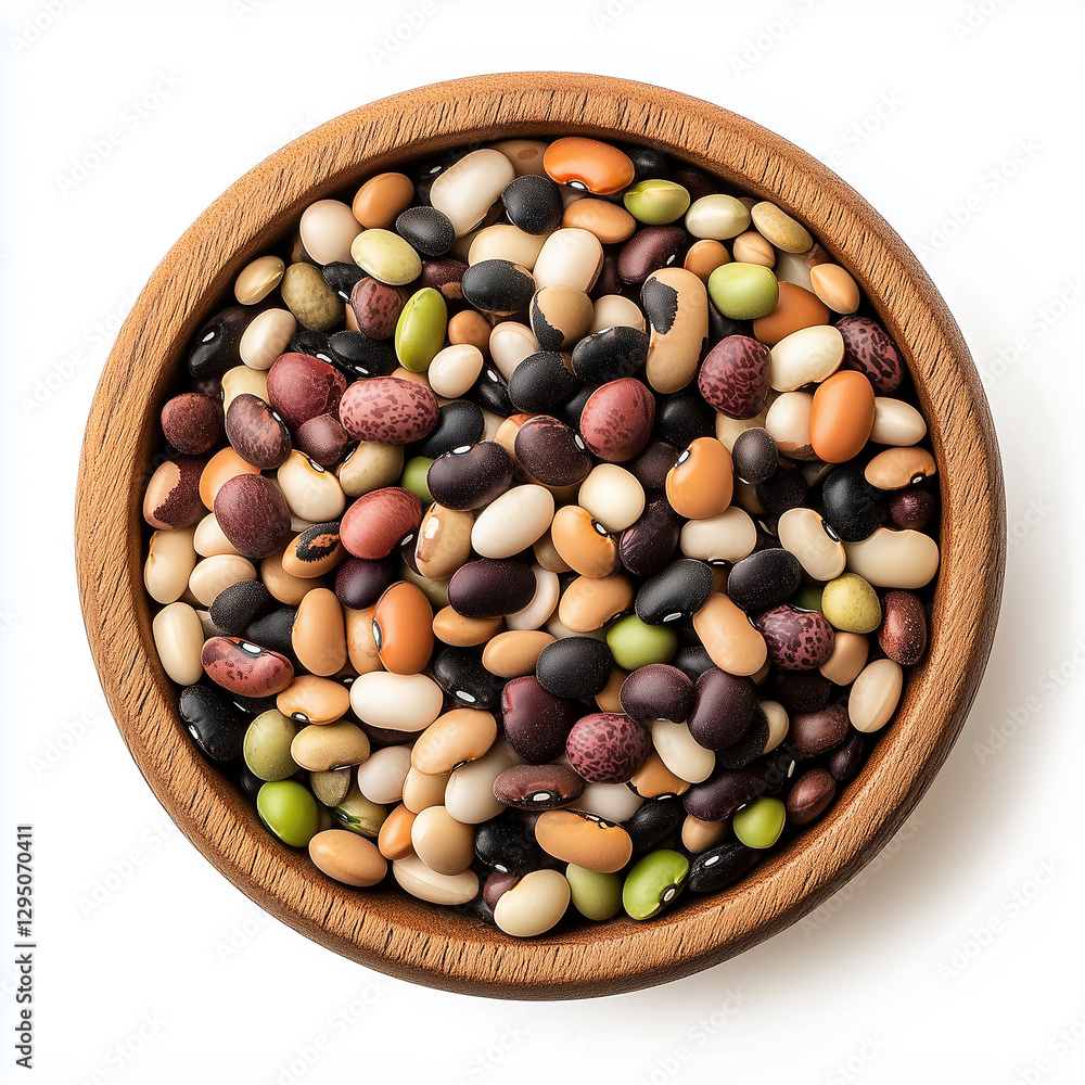 Top-down view of a wooden pot filled with a variety of pulse seeds, isolated on a white background. For pulses, food, and healthy eating concepts. Top-down view of a wooden pot filled with a variety of pulse seeds, isolated on a white background. For pulses, food, and healthy eating concepts.