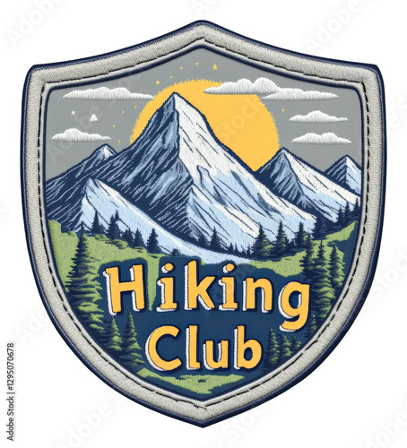 Hiking club patch design featuring mountains and nature elements. Patch design isolated photo