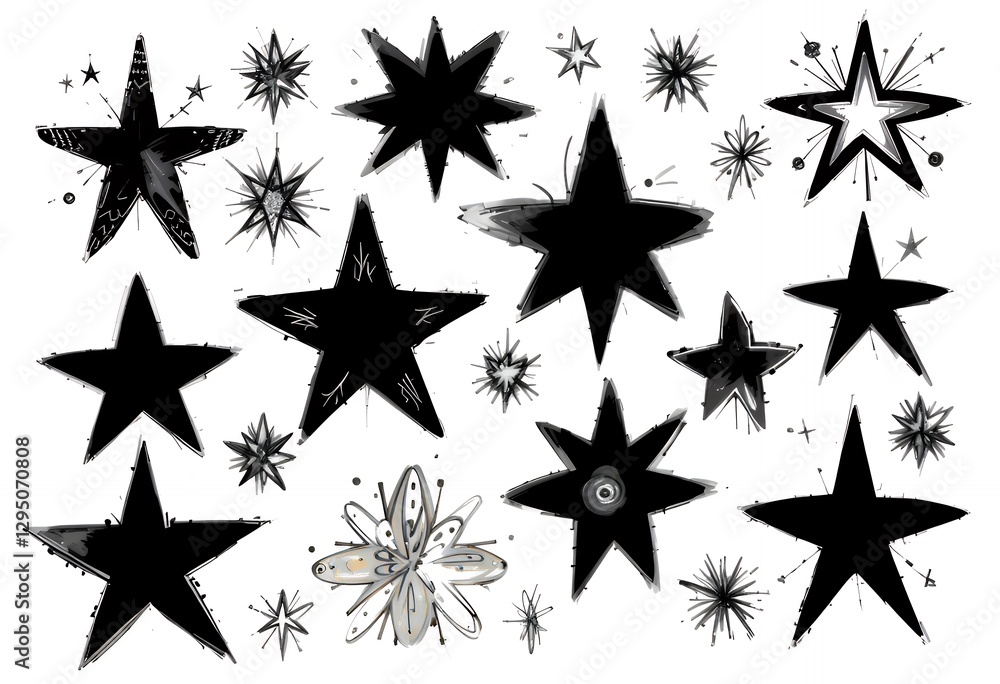 Obraz premium Starry Night Star Ornaments in Artistic Black and White Hand Drawn Style