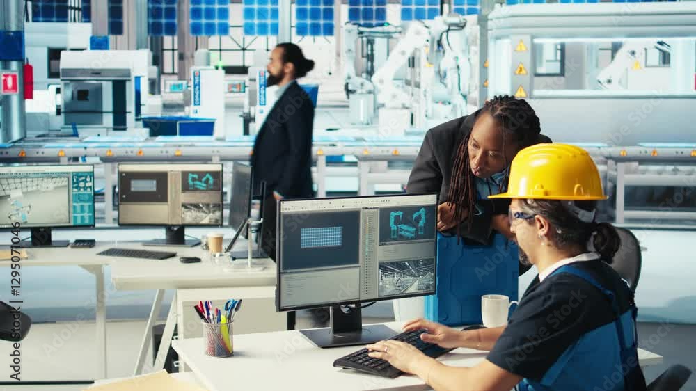 Photovoltaics factory engineer making facility adjustment in CAD program, showing woman. Solar panels plant technician designing assembly lines, informing african american manager, camera A Photovoltaics factory engineer making facility adjustment in CAD program, showing woman. Solar panels plant technician designing assembly lines, informing african american manager, camera A