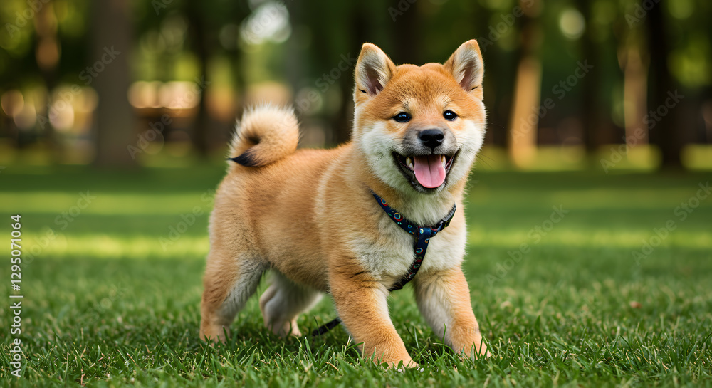 Happy Shiba Inu Dog Smiling in Park - Cute Pet Stock Photo Happy Shiba Inu Dog Smiling in Park - Cute Pet Stock Photo