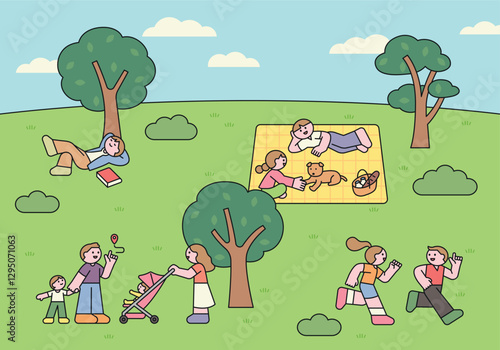 Cute vector illustration of people enjoying a park. Families having a picnic, reading, jogging, and spending quality time outdoors in a relaxing and happy atmosphere.
