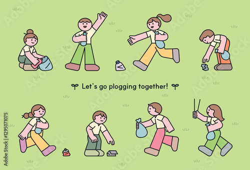 Cute vector illustration of people doing plogging, a combination of jogging and picking up trash. Promoting eco-friendly habits and environmental sustainability.