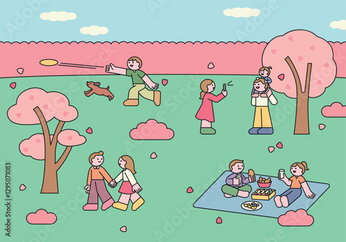 Cute vector illustration of people enjoying a spring day under cherry blossoms. Families, couples, and friends having picnics, playing with pets, and taking photos.