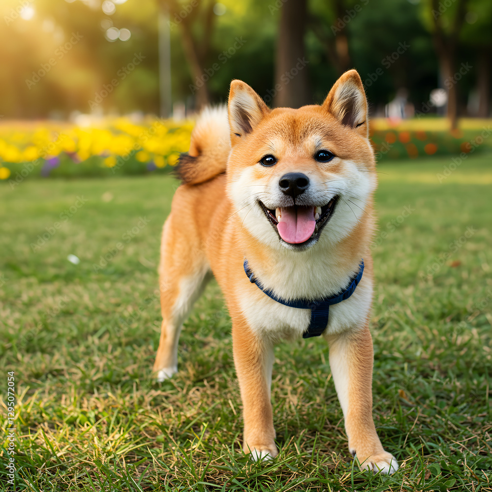 Happy Shiba Inu Dog Smiling in Park - Cute Pet Stock Photo Happy Shiba Inu Dog Smiling in Park - Cute Pet Stock Photo
