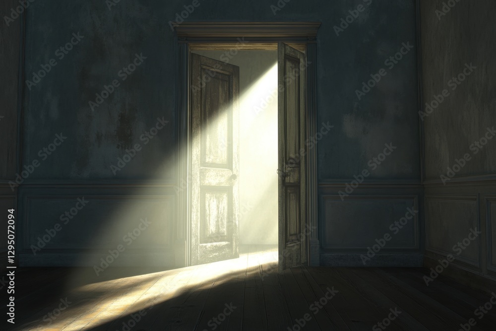 Fototapeta premium A Ray of Hope: Light Streaming Through an Open Door in a Dark Room