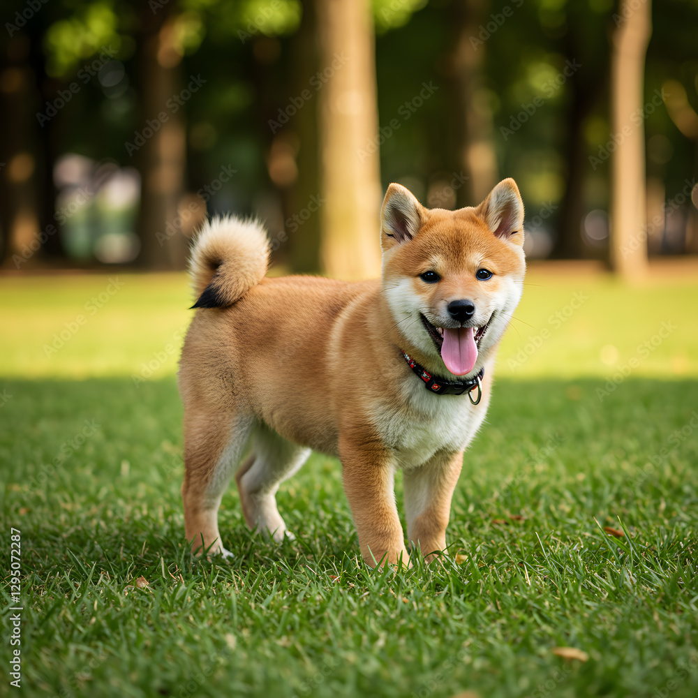 Happy Shiba Inu Dog Smiling in Park - Cute Pet Stock Photo Happy Shiba Inu Dog Smiling in Park - Cute Pet Stock Photo