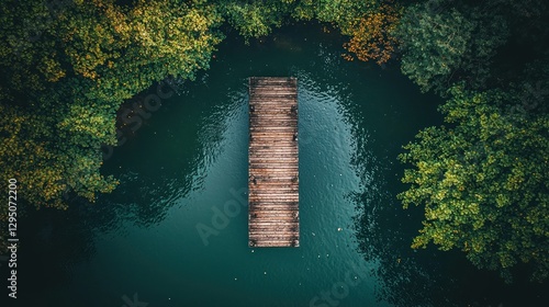 Fototapeta Naklejka Na Ścianę i Meble -  Aerial view of wooden dock in tranquil forest lake