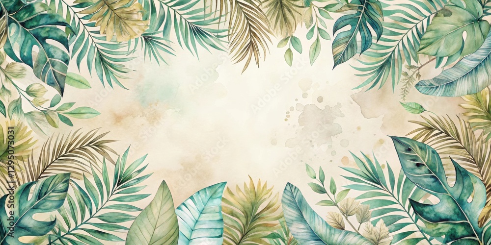 Enchanted Tropical Foliage Frame with Watercolor Splashes A Serene and Elegant Botanical Design Enchanted Tropical Foliage Frame with Watercolor Splashes A Serene and Elegant Botanical Design