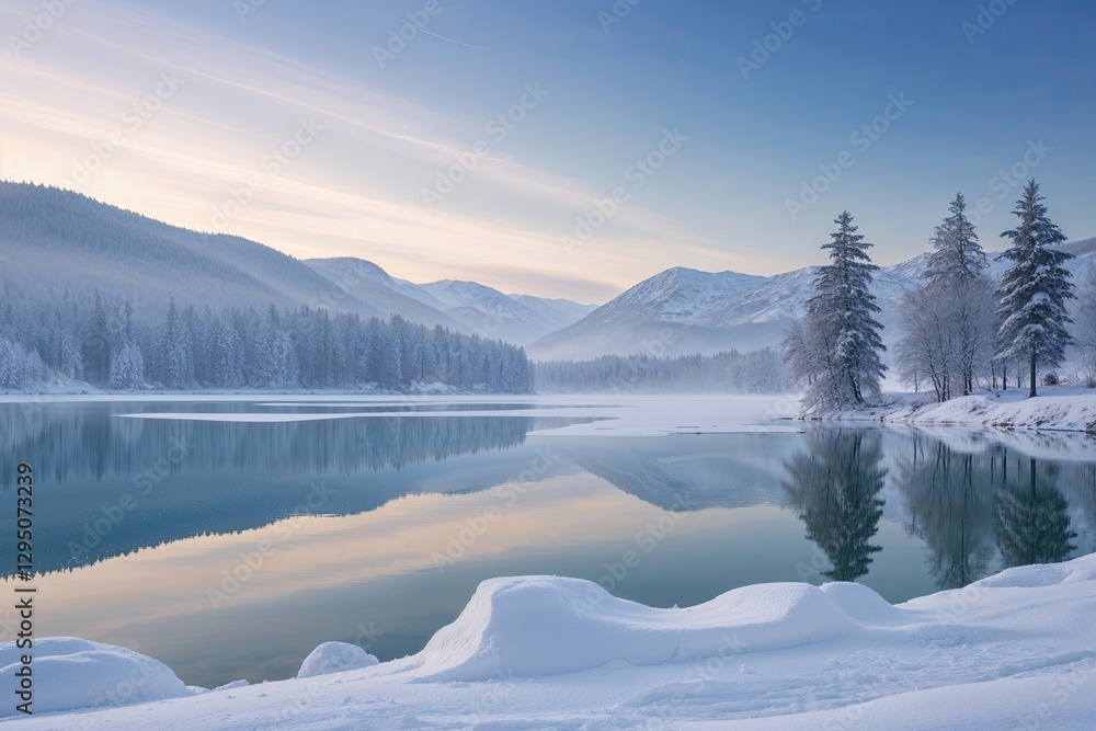 Fototapeta premium Beautiful Winter Landscape Snow-Covered Lake Tranquil Still Water Serene Sky