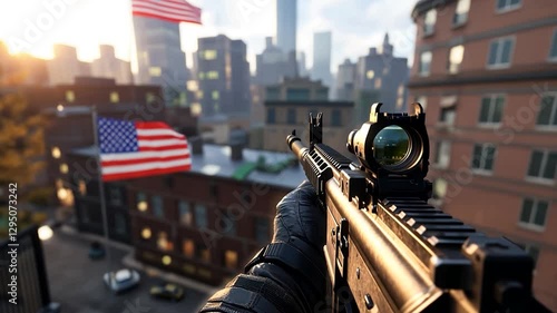 Rooftop sniper aiming, city sunrise, flag