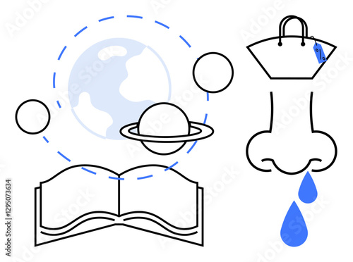 Open book with the globe, planets, rings of Saturn, shopping bag, dripping nose ideal for education, travel, cosmology, consumerism health reading creative thinking. Simple abstract line flat