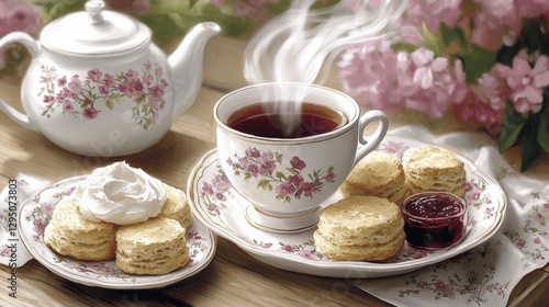 Wallpaper Mural Elegant Afternoon Tea Scene with Porcelain Floral Teapot, Steaming Tea Cup, Delicious Scones with Cream and Jam, and Beautiful Pink Flowers in Soft Light Setting Torontodigital.ca