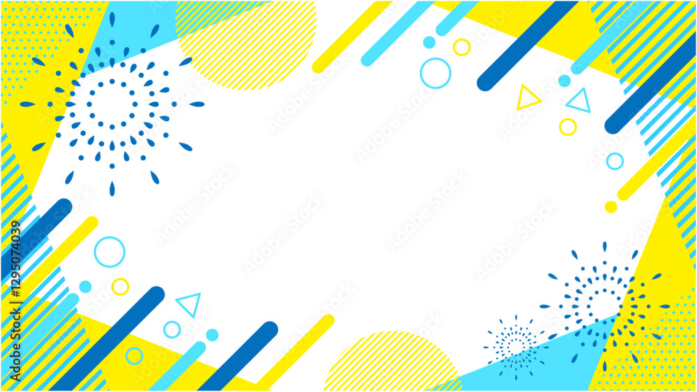 Obraz premium 打ち上げ花火入り 抽象的な幾何学模様のフレーム素材 チラシ・Web・動画背景素材16:9サイズ 水色 青 シアン イエロー